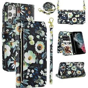 Wallet Case for Samsung Galaxy S24 Ultra 5G with Wrist Strap Shoulder Strap, 9+ Card Slots Zipper Floral PU Leather Flip Stand Cell Phone Cover for S24Ultra 24S S 24 24Ultra Women Men Black