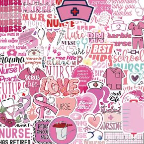 ملصقات ممرضة الوردي ملصقات التمريض حزمة 50pcs ، ملحقات ممرضة glueewee ملصقات ممرضة مقاومة للماء لزجاجات المياه هدايا أمتعة الكمبيوتر للمرأة ممرضة أنثى