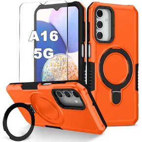 for Samsung Galaxy A16 5G Phone Case 2024 with Screen Protector, 360 Rotating Stand Heavy Protection Cover for Galaxy A 16 Phone, Orange