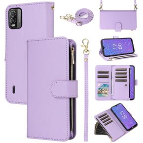 Wallet Case for Nokia C210 TA-1584 with Wrist Strap Crossbody Shoulder Strap Luxury PU Leather Flip Zipper Purse Card Holder Slots Protector Stand Cell Accessories Phone Cover C210 Girls Purple