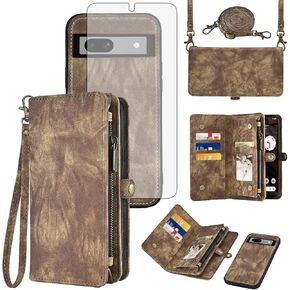Asuwish Phone Case for Google Pixel 7A 5G 2023 Zipper Wallet Magnetic Detachable Cell Cover with Tempered Glass Screen Protector Crossbody Lanyard Strap Flip Card Holder Pixel7A A7 Women Girls Brown