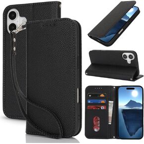 Jaorty for iPhone 16 5G Phone Case Wallet with Wrist Strap,Wallet Case for iPhone 16 with Card Holder for Men Women,Kickstand Cash Pocket PU Leather Magnetic Purse Cover,6.1" Lichi Gravel
