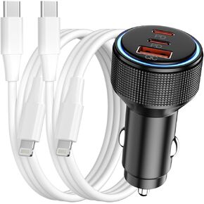 USB C Car Charger Dual USB C Port + QC 3.0 66W Fast Charging [MFi Certified] with 2 Pack Lightning Cable Compatible with iPhone 15/14/13/12 Pro Max, Plus, Galaxy S23/S22/S21 Ultra, Pixel and More