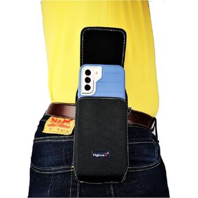 Nylon Cell Phone Holster Pouch Fits Otterbox (Commuter/Defender) Galaxy S25/S24 S23 S22 S21 S20 + Plus, Rugged W/Fixed Belt Loop Clip Holder, Magnetic Closure, Fits Case On (Black-Vertical)