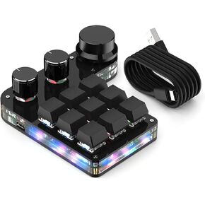 Keyboard, Mini 9 Key Keypad with 3 Knob RGB Light, Blue Switch DIY Programmable Universal Gaming Keyboard, Macro Mechanical Gaming Keyboard for PC