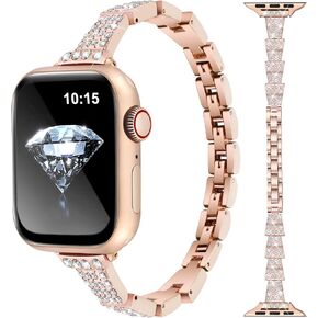 Thin Bracelet Band Compatible with Apple Watch 38mm 40mm 41mm 42mm 44mm 45mm 46mm 49mm for Women, Jewelry Bling Replacement Metal Bands for iWatch Series 10/9/8/7/SE/6/5/4/3/2/1 Ultra