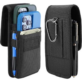 BECPLT Dual Phone Holster for iPhone 16 Pro Max 15 Pro Max 14 Pro 13 Pro Nylon Cell Phone Pouch Holster Case with Belt Clip Cover for Galaxy S24+ S23+ S22+ 5G S24 FE Black