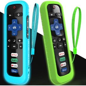 2Pack Cover for Roku Stick Remote, Case Compatible with Hisense TV Controller, Silicone Sleeve for TCL Smart TV Control Holder Glow in The Dark Green Blue