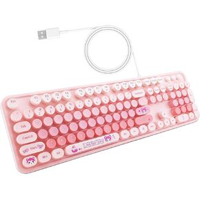 Computer Keyboard Wired, Retro Style Keyboard with Round Keycaps,104 Keys Quiet Light Up Keyboard,for Windows Notebook PC (Pink Colorful)