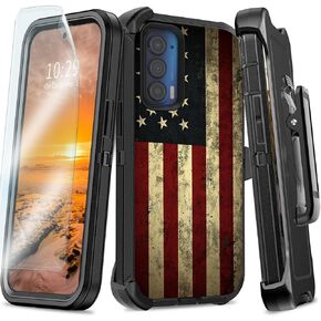 Case for Motorola Edge 5G UW/Moto Edge 2021 Case with 360°Rotatable Belt Clip & Kickstand, Built-in Screen Protector Full Body Shockproof Rugged Heavy Duty Case for Moto Edge 5G UW,Red Flag