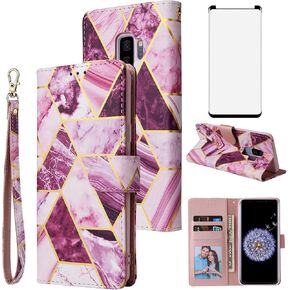Asuwish Compatible with Samsung Galaxy S9 Plus Wallet Case Tempered Glass Screen Protector Leather Flip Cover Card Holder Kickstand Stand Cell Phone Cases for Glaxay S9+ 9S 9+ S 9 9plus S9plus Purple