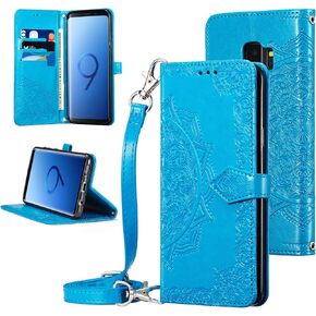 QLTYPRI for Samsung Galaxy S10 Plus Case, Crossbody Phone Case with Card Slot Holder Wrist Strap Purse Cute Mandala Pattern with Adjustable Cross Shoulder Strap Cover for Samsung Galaxy S10+ - Black