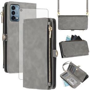 Asuwish Phone Case for OnePlus Nord N200 5G Zipper Wallet Cell Cover with Tempered Glass Screen Protector Crossbody Strap Flip Card Holder One Plus N 200 G5 1 Plus 200N 1plus One+ 1+ N2005G 2021 Gray