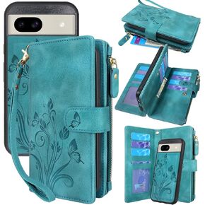 Lacass Case Wallet for Google Pixel 8A 5G 2024, [12 Card Slots] ID Credit Cash Holder Zipper Pocket Detachable Leather Wallet Cover with Wrist Strap Lanyard（Floral Blue Green）