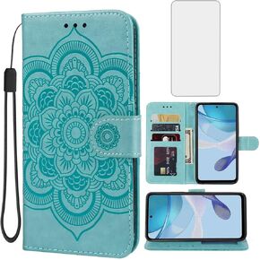 for Moto G 5G 2023 Case, Motorola G 5G 2023 Wallet Case with Tempered Glass Screen Protector, Mandala PU Leather Wrist Strap Card Slots Protective Flip Cover for Motorola Moto G 5G 2023 Green