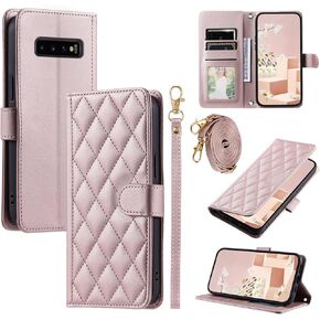 Wallet Case for Samsung Galaxy S10 Plus, Wrist Strap Shoulder Strap, Multiple Card Slots Folio Purse, Luxury PU Leather Stand Phone Cover for S10+ S10plus 10S Edge S 10 10plus Women Men Pink