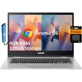 ASUS Chromebook 14 Laptop (14" FHD Anti-Glare, Intel Celeron N4500, 4GB RAM, 128GB Storage (64GB eMMC+ 64GB IST SD Card)), Home & Student, IST HUB, 12-Hour Long Battery Life, Webcam, Wi-Fi, Chrome OS