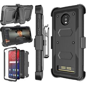 Njjex for Moto Z4 Case, for Motorola Z4 Holster Case, Moto Z4 Play Case, [Nbeck] Shockproof Heavy Duty Built-in Screen Protector Rugged Locking Swivel Belt Clip Kickstand Hard Shell Cover [Black]