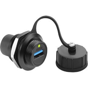 QIANRENON USB 3.0 Threaded Fixed Waterproof Adapter Coupler 5Gbps USB 3.0 A Female to Female Bulkhead Mount Straight Through Connector 5V 1.5A, LED Light Waterproof Cap, for Data Transfer Charge