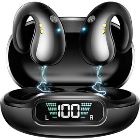Open Ear Clip Wireless Bone Conduction Earbuds Wireless Bluetooth 5.3 Earbuds, Headphones Sports Built-in Microphone with Earhooks,Digital Display Charging Case,IPX7 Waterproof Fitness for Running