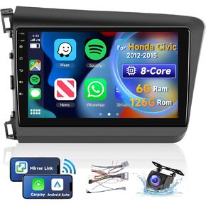[8 CORE 6G+128G] for 2012-2015 Honda Civic Car Radio with Wireless Carplay/Android Auto, 9 Inch Android 13 IPS Touch Screen Car Stereo, Bluetooth, GPS Navi, WiFi, SWC, DSP + Backup Camera