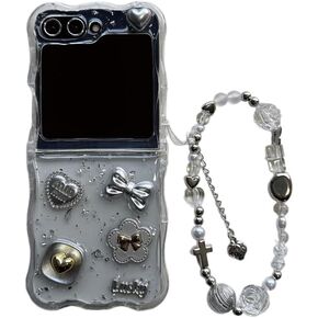 for Samsung Galaxy Z Flip 6 Case,3D Cute Heart Bow Pattern,Light Luxury Clear Shiny Aluminum Foil Protective Cover,with Jeweled Diamond Bracelet for Galaxy Z Flip 6