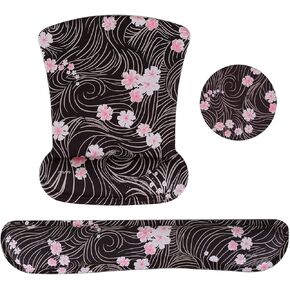 MOSISO Wrist Rest Support for Mouse Pad&Keyboard Set,Ergonomic Mousepad&Coaster Non-Slip Base Home/Office Pain Relief&Easy Typing Cushion with Neoprene Cloth&Raised Memory Foam, Cherry Blossoms&Lines