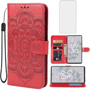 Case for Pixel 6A Case, Google 6A GX7AS Wallet Case with Tempered Glass Screen Protector, Mandala Leather Flip Credit Card Holder Stand Phone Cover Case for Google Pixel 6A Red