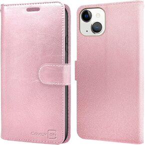 CoverON Leather Pouch Designed for Apple iPhone 13 Mini Wallet Case, RFID Blocking Flip Folio Stand Phone Cover - Rose Gold