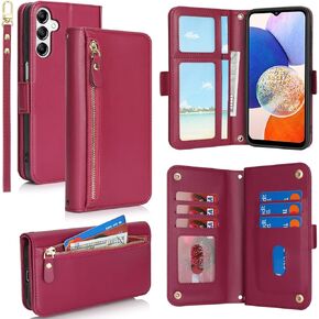 Jaorty Compatible with Samsung Galaxy A14 5G Wallet Case for Women Men,【RFID Blocking】PU Leather Phone Case with Card Holder for Samsung A14 5G,Wrist Strap Zipper Credit Card Slots Flip Cover,Dark Red