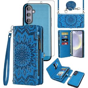 Phone Case for Samsung Galaxy S24 Plus/S25 Plus S24+ S25+ 5G Zipper Wallet Cell Cover with Screen Protector Strap Flower Flip Card Holder Slot S24Plus 24S + S 24 24+ S25Plus 25S 25+ Women Blue