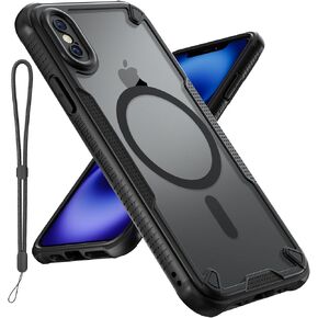 for iPhone Xs Case/iPhone X Case, Translucent Matte Back Compatible with Magsafe Magnetic Slim Shockproof Protective Case with Lanyard Strap Phone Cover 5.8-inch, Black