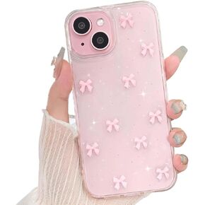NITITOP Compatible with iPhone 13/14 / 15 Case Clear Cute Sparkly 3D Bow Bling Glitter Bowknot for Women Girls Ultra Slim Anti-Yellow Protective Phone Cover - Pink Bow