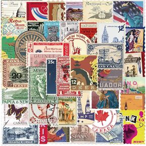 50pcs Aesthetic Stamp Stickers for Water Bottle Scrapbook Vintage Travel Stamp Stickers for Teens Youth Adults Travelers Waterproof Decals for Laptop Journal Luggage (Stamp)
