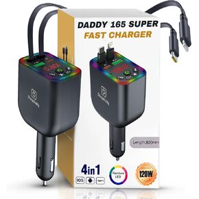 Bluetooth 5.3 Car FM Transmitter with 120W Max Power, Retractable Cables (80cm), Digital Display, Hands-Free Calling, Noise Canceling, and Dual Device Charging