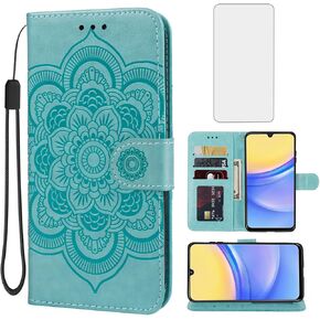 Case for Galaxy A16 5G Case, Samsung A16 Wallet Case with Tempered Glass Screen Protector, Mandala Leather Flip Credit Card Holder Stand Phone Cover Cases for Samsung Galaxy A16 Green