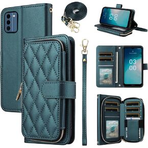 Argyle Wallet Case for Nokia C300 with Wrist Strap Shoulder Strap, 9+ Card Slots Zipper Purse Luxury PU Leather Stand Checkered Phone Cover for C 300 300C TA-1515 2023 Women Girls Green