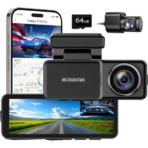 Dash Cam Front and Rear, 4K Full HD Dual Dash Camera for Cars Built-in 5G WiFi GPS, 64GB Card, Car Camera with 3.16" IPS Screen, UHD 2160P Night Vision, HDR, App Control, 24H Parking Monitor