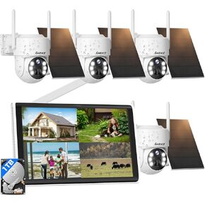 Solar Security Cameras Wireless Outdoor System, 4PCS 4MP Battery Operated Cameras, PTZ 360° View, PIR Motion Detection, Color Night Vision, IP66, 2-Way Audio, 2.4G WiFi, 10" LCD Monitor