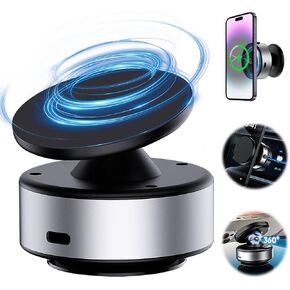 Electric Suction Cup Phone Mount 360 Rotatable Car Magnetic Phone Holder with Wireless Charger Vacuum Nixie Phone Holder for Car/Gym/Mirror/Smooth Surface Compatible with Magsafe iphone (Sliver)