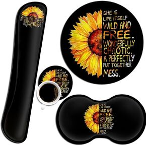 Ergonomic Mouse Pad with Wrist Support Set and Keyboard Wrist Rest Set for Laptop, Mac, Gaming and Office, Durable, Comfortable and Pain Relief + Coaster ，Watercolor Sunflower