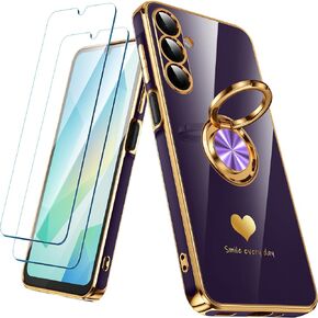 for Samsung Galaxy A16 5G Case with 2 Pack Screen Protector, 360° Rotatable Ring Holder [Luxury Hearts Pattern] Plating Gold Edge Slim Soft Phone Cover Case for Galaxy A16 - Purple