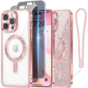 Meifigno for iPhone 16 Pro Max Case, [Glitter Card & Wrist Strap] [Compatible with MagSafe] [Military-Grade Protection] Surround Lens Protection Designed for 16 Pro Max Case 6.9", Rose Gold