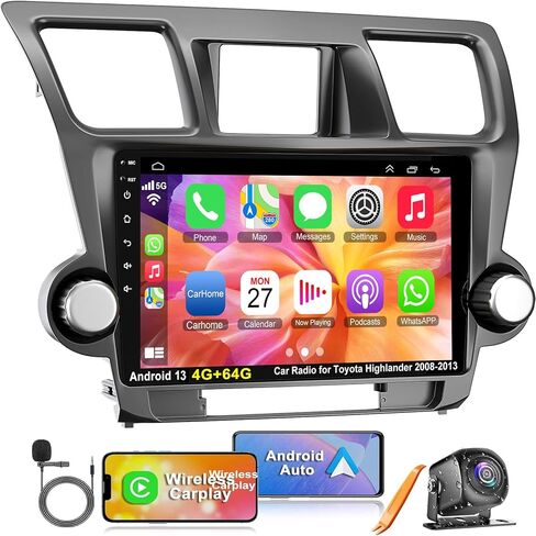 4G+64G CAR Radio Stereo لتويوتا هايلاندر 2008-2013 ، CARPLAY و Android AUTO مع Android 12 يدعم الشاشة التي تعمل باللمس/GPS/WIFI/WIFI/SWC/FM ، 10.2 بوصة شاشة لمس IPS in Kuwait