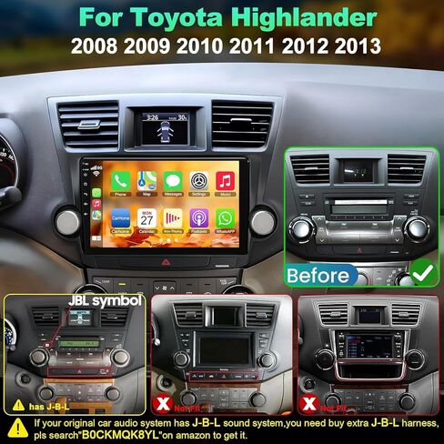 4G+64G CAR Radio Stereo لتويوتا هايلاندر 2008-2013 ، CARPLAY و Android AUTO مع Android 12 يدعم الشاشة التي تعمل باللمس/GPS/WIFI/WIFI/SWC/FM ، 10.2 بوصة شاشة لمس IPS in Kuwait