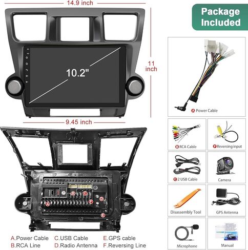 4G+64G CAR Radio Stereo لتويوتا هايلاندر 2008-2013 ، CARPLAY و Android AUTO مع Android 12 يدعم الشاشة التي تعمل باللمس/GPS/WIFI/WIFI/SWC/FM ، 10.2 بوصة شاشة لمس IPS in Kuwait