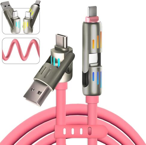 240W 4-in-1 Cable USB-C ، PD 5A شحن الكابلات السريعة ومزامنة البيانات مع USB A ، Type C&L ، كابل الشاحن متعدد الشاحن مع ضوء التنفس ، سلك الشحن السريع بطول 5 أقدام لجهاز iPhone ، جهاز كمبيوتر محمول Multi Charging 5ft-pink in Saudi Arabia