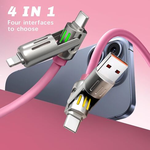 240W 4-in-1 Cable USB-C ، PD 5A شحن الكابلات السريعة ومزامنة البيانات مع USB A ، Type C&L ، كابل الشاحن متعدد الشاحن مع ضوء التنفس ، سلك الشحن السريع بطول 5 أقدام لجهاز iPhone ، جهاز كمبيوتر محمول Multi Charging 5ft-pink in Saudi Arabia