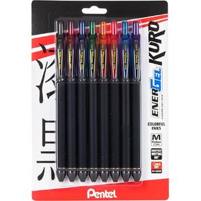 Pentel EnerGel Kuro Liquid Gel Pen, (0.7mm), Medium line, Assorted Ink, Pack of 8 (BL437R1BP8M)