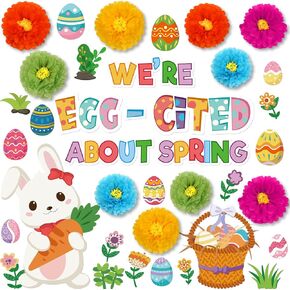 Spring Classroom Decoration Set Ester Bulletin Board Bunny Cutouts with 3D Tissue Paper Pompoms Egg Rabbit Wall Flowers Decoration for Kids Classroom School Home Party Supplies